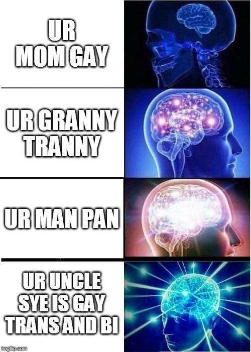 Expanding Brain Meme | UR MOM GAY; UR GRANNY TRANNY; UR MAN PAN; UR UNCLE SYE IS GAY TRANS AND BI | image tagged in memes,expanding brain | made w/ Imgflip meme maker