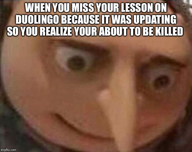 gru meme | WHEN YOU MISS YOUR LESSON ON DUOLINGO BECAUSE IT WAS UPDATING SO YOU REALIZE YOUR ABOUT TO BE KILLED | image tagged in gru meme | made w/ Imgflip meme maker