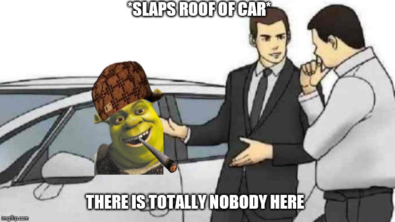 Car Salesman Slaps Roof Of Car Meme | *SLAPS ROOF OF CAR*; THERE IS TOTALLY NOBODY HERE | image tagged in memes,car salesman slaps roof of car | made w/ Imgflip meme maker