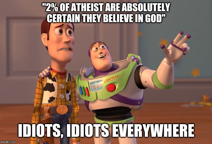 X, X Everywhere Meme | "2% OF ATHEIST ARE ABSOLUTELY CERTAIN THEY BELIEVE IN GOD"; IDIOTS, IDIOTS EVERYWHERE | image tagged in memes,x x everywhere | made w/ Imgflip meme maker