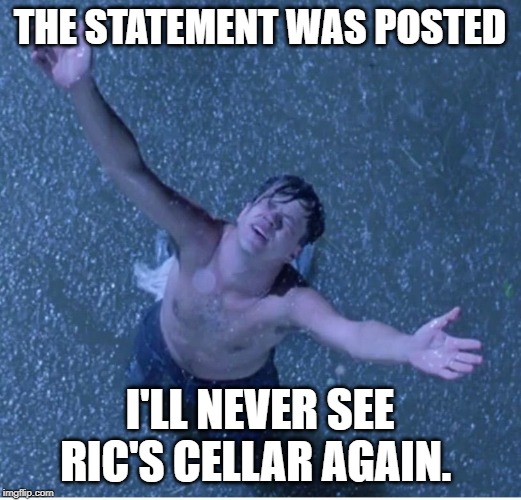 Shawshank redemption freedom | THE STATEMENT WAS POSTED; I'LL NEVER SEE RIC'S CELLAR AGAIN. | image tagged in shawshank redemption freedom | made w/ Imgflip meme maker