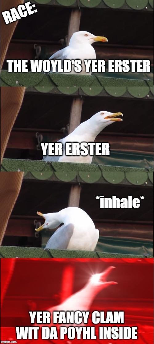 Inhaling Seagull | RACE:; THE WOYLD'S YER ERSTER; YER ERSTER; *inhale*; YER FANCY CLAM WIT DA POYHL INSIDE | image tagged in memes,inhaling seagull | made w/ Imgflip meme maker