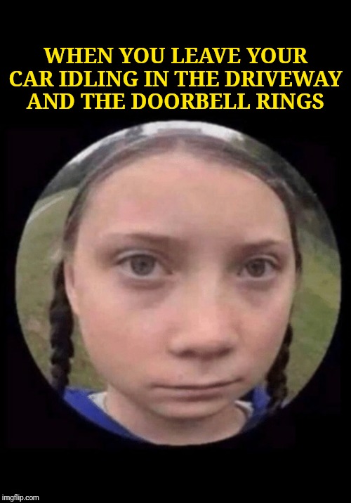 Greta Thunberg | WHEN YOU LEAVE YOUR CAR IDLING IN THE DRIVEWAY AND THE DOORBELL RINGS | image tagged in greta thunberg | made w/ Imgflip meme maker