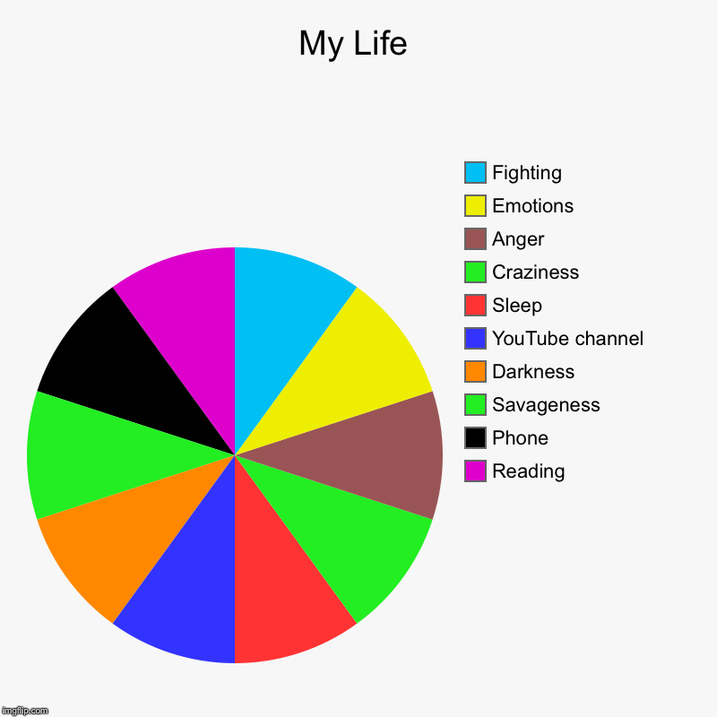 My Life | Reading, Phone, Savageness , Darkness, YouTube channel , Sleep, Craziness , Anger, Emotions, Fighting | image tagged in charts,pie charts | made w/ Imgflip chart maker