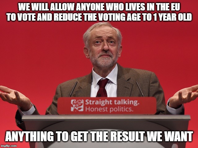 Jeremy Corbyn | WE WILL ALLOW ANYONE WHO LIVES IN THE EU TO VOTE AND REDUCE THE VOTING AGE TO 1 YEAR OLD; ANYTHING TO GET THE RESULT WE WANT | image tagged in jeremy corbyn | made w/ Imgflip meme maker