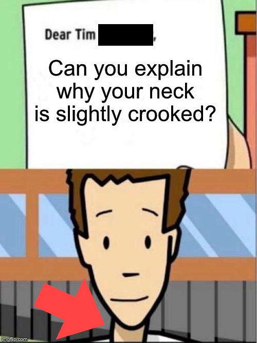 I’m not the only one who sees this, right? | Can you explain why your neck is slightly crooked? | image tagged in dear tim and moby | made w/ Imgflip meme maker
