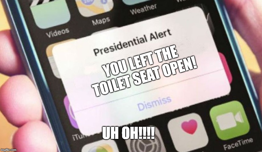 Presidential Alert | YOU LEFT THE TOILET SEAT OPEN! UH OH!!!! | image tagged in memes,presidential alert | made w/ Imgflip meme maker