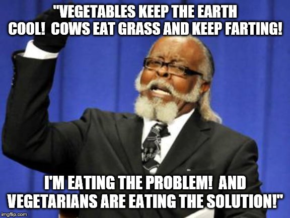 Eat The Solution! | "VEGETABLES KEEP THE EARTH COOL!  COWS EAT GRASS AND KEEP FARTING! I'M EATING THE PROBLEM!  AND VEGETARIANS ARE EATING THE SOLUTION!" | image tagged in memes,too damn high | made w/ Imgflip meme maker