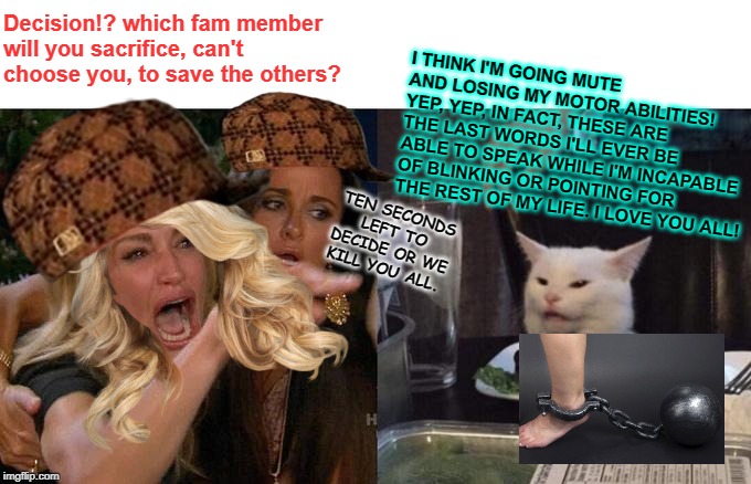 Woman Yelling At Cat | Decision!? which fam member will you sacrifice, can't choose you, to save the others? I THINK I'M GOING MUTE AND LOSING MY MOTOR ABILITIES! YEP, YEP, IN FACT, THESE ARE THE LAST WORDS I'LL EVER BE ABLE TO SPEAK WHILE I'M INCAPABLE OF BLINKING OR POINTING FOR THE REST OF MY LIFE. I LOVE YOU ALL! TEN SECONDS LEFT TO DECIDE OR WE KILL YOU ALL. | image tagged in memes,woman yelling at cat | made w/ Imgflip meme maker