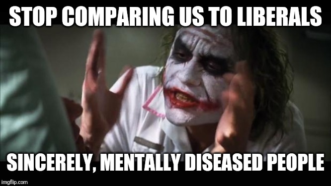 And everybody loses their minds Meme | STOP COMPARING US TO LIBERALS SINCERELY, MENTALLY DISEASED PEOPLE | image tagged in memes,and everybody loses their minds | made w/ Imgflip meme maker