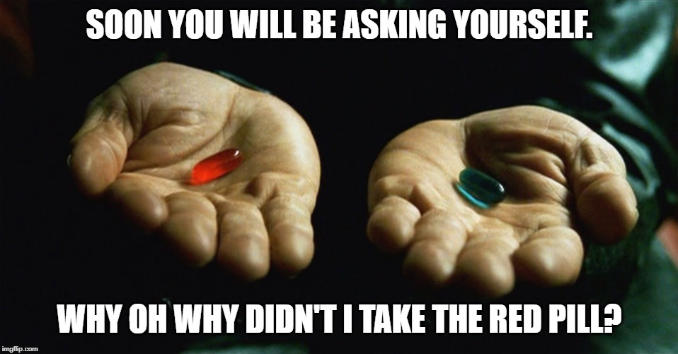 Red pill blue pill | SOON YOU WILL BE ASKING YOURSELF. WHY OH WHY DIDN'T I TAKE THE RED PILL? | image tagged in red pill blue pill | made w/ Imgflip meme maker