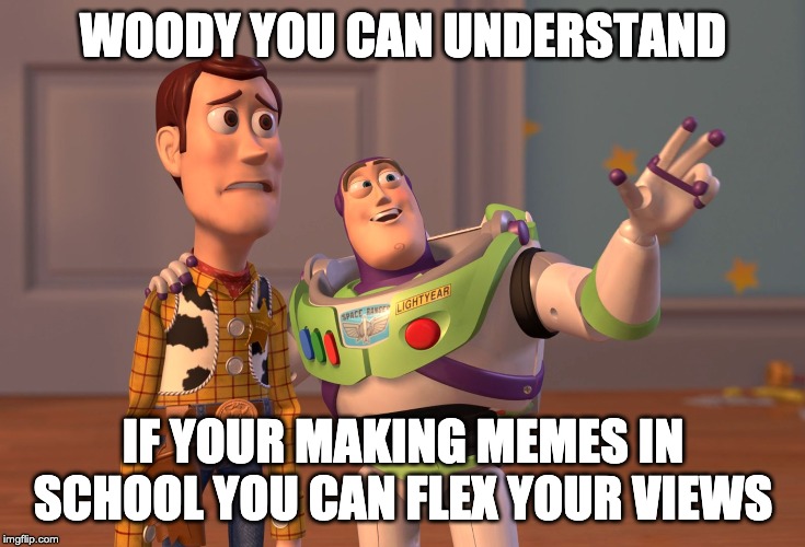 X, X Everywhere | WOODY YOU CAN UNDERSTAND; IF YOUR MAKING MEMES IN SCHOOL YOU CAN FLEX YOUR VIEWS | image tagged in memes,x x everywhere | made w/ Imgflip meme maker