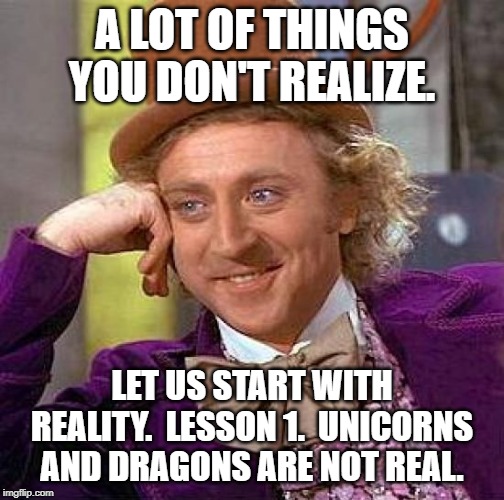 Creepy Condescending Wonka Meme | A LOT OF THINGS YOU DON'T REALIZE. LET US START WITH REALITY.  LESSON 1.  UNICORNS AND DRAGONS ARE NOT REAL. | image tagged in memes,creepy condescending wonka | made w/ Imgflip meme maker