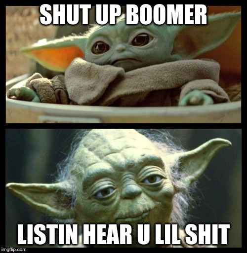 baby yoda | SHUT UP BOOMER; LISTIN HEAR U LIL SHIT | image tagged in baby yoda | made w/ Imgflip meme maker