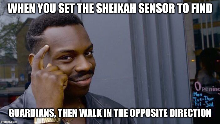 Smart. | WHEN YOU SET THE SHEIKAH SENSOR TO FIND; GUARDIANS, THEN WALK IN THE OPPOSITE DIRECTION | image tagged in memes,roll safe think about it | made w/ Imgflip meme maker