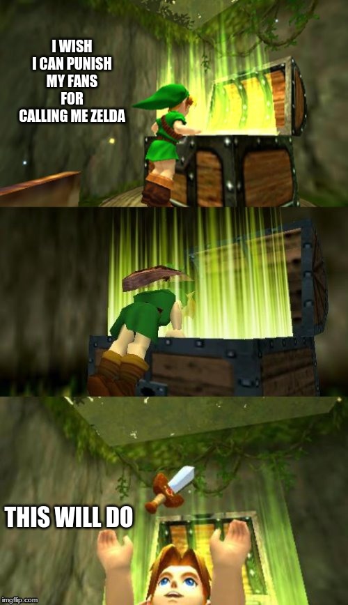 Link Gets Item | I WISH I CAN PUNISH MY FANS FOR CALLING ME ZELDA; THIS WILL DO | image tagged in link gets item | made w/ Imgflip meme maker