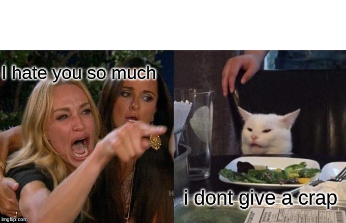 Woman Yelling At Cat | I hate you so much; i dont give a crap | image tagged in memes,woman yelling at cat | made w/ Imgflip meme maker