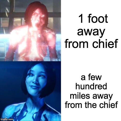 Drake Hotline Bling (Cortana version) | 1 foot away from chief; a few hundred miles away from the chief | image tagged in drake hotline bling cortana version | made w/ Imgflip meme maker