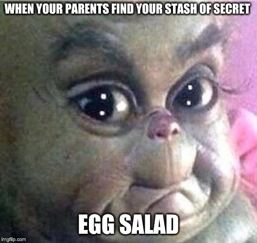 grinch |  WHEN YOUR PARENTS FIND YOUR STASH OF SECRET; EGG SALAD | image tagged in grinchy,egg salad | made w/ Imgflip meme maker