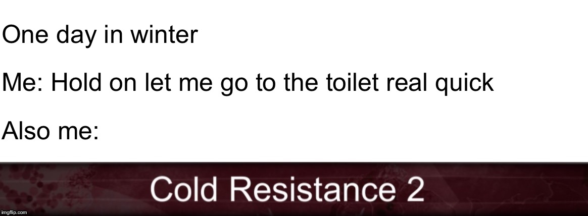 Cold Resistance 2 | One day in winter; Me: Hold on let me go to the toilet real quick; Also me: | image tagged in cold resistance 2,memes,toilet,cold,winter | made w/ Imgflip meme maker