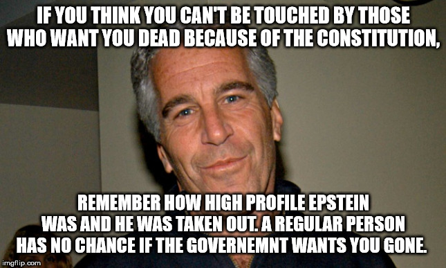 Epsteined | IF YOU THINK YOU CAN'T BE TOUCHED BY THOSE WHO WANT YOU DEAD BECAUSE OF THE CONSTITUTION, REMEMBER HOW HIGH PROFILE EPSTEIN WAS AND HE WAS TAKEN OUT. A REGULAR PERSON HAS NO CHANCE IF THE GOVERNEMNT WANTS YOU GONE. | image tagged in jeffrey epstein | made w/ Imgflip meme maker