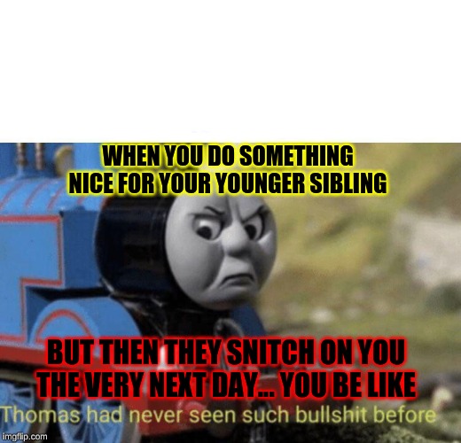 Thomas had never seen such bullshit before | WHEN YOU DO SOMETHING NICE FOR YOUR YOUNGER SIBLING; BUT THEN THEY SNITCH ON YOU THE VERY NEXT DAY... YOU BE LIKE | image tagged in thomas had never seen such bullshit before | made w/ Imgflip meme maker