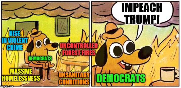 If you could just do some of the work you were elected to do, that would be great. | IMPEACH TRUMP! RISE IN VIOLENT CRIME; UNCONTROLLED FOREST FIRES; DEMOCRATS; MASSIVE HOMELESSNESS; UNSANITARY CONDITIONS; DEMOCRATS | image tagged in political meme,memes,democrats,impeach trump,this is fine | made w/ Imgflip meme maker