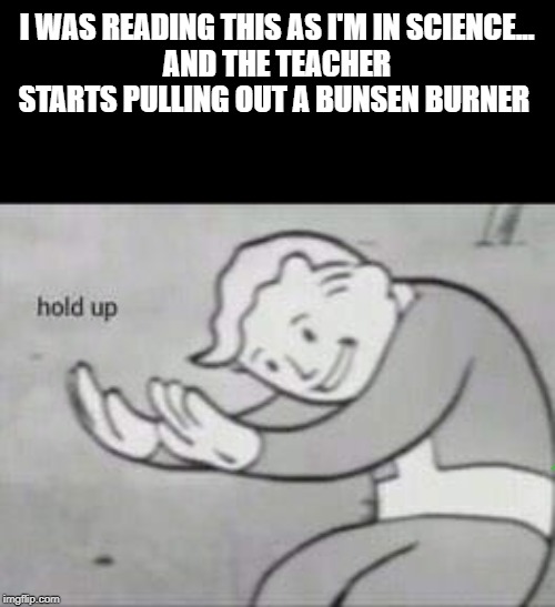 techers with bugs | I WAS READING THIS AS I'M IN SCIENCE...
AND THE TEACHER STARTS PULLING OUT A BUNSEN BURNER | image tagged in fallout hold up,burn | made w/ Imgflip meme maker