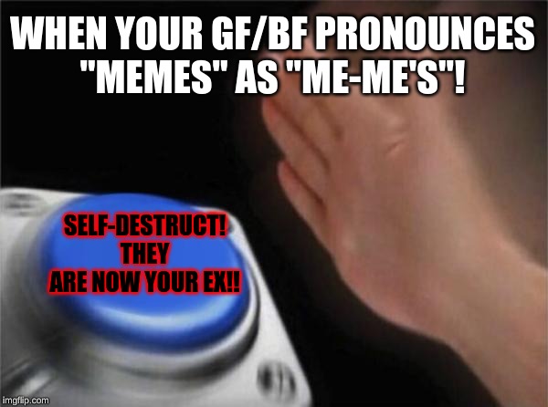 Blank Nut Button Meme | WHEN YOUR GF/BF PRONOUNCES "MEMES" AS "ME-ME'S"! SELF-DESTRUCT! THEY ARE NOW YOUR EX!! | image tagged in memes,blank nut button | made w/ Imgflip meme maker