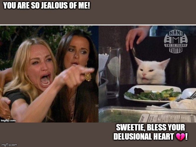 white cat table | YOU ARE SO JEALOUS OF ME! SWEETIE, BLESS YOUR DELUSIONAL HEART 💔! | image tagged in white cat table | made w/ Imgflip meme maker