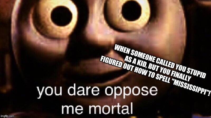 You dare oppose me mortal | WHEN SOMEONE CALLED YOU STUPID AS A KID, BUT YOU FINALLY FIGURED OUT HOW TO SPELL "MISSISSIPPI"! | image tagged in you dare oppose me mortal | made w/ Imgflip meme maker