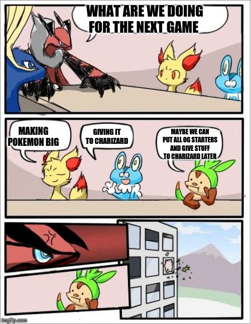 Pokemon board meeting | WHAT ARE WE DOING FOR THE NEXT GAME; GIVING IT TO CHARIZARD; MAKING POKEMON BIG; MAYBE WE CAN PUT ALL OG STARTERS AND GIVE STUFF TO CHARIZARD LATER | image tagged in pokemon board meeting | made w/ Imgflip meme maker