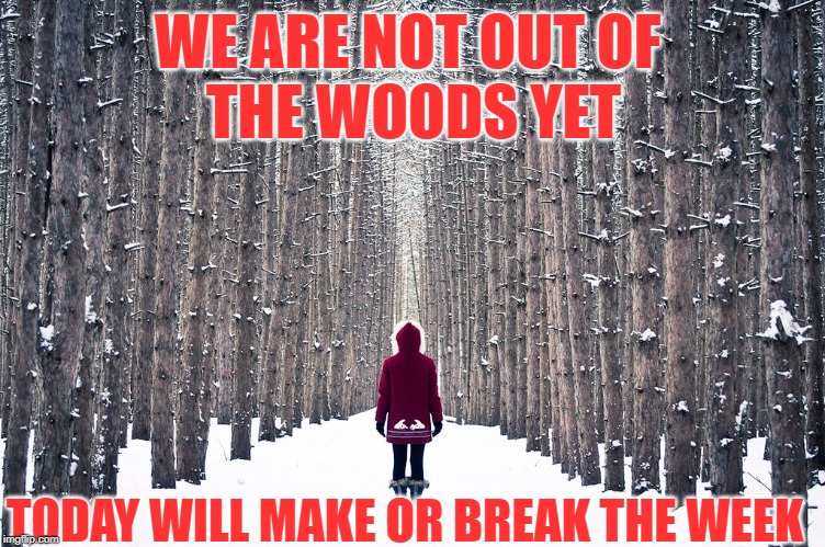 WE ARE NOT OUT OF 
THE WOODS YET; TODAY WILL MAKE OR BREAK THE WEEK | image tagged in not done yet | made w/ Imgflip meme maker