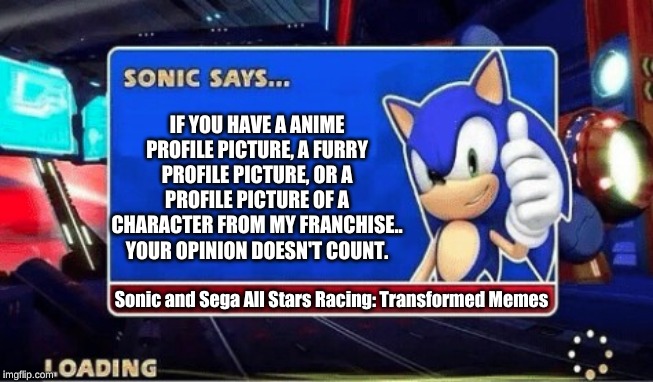 Sonic Says | IF YOU HAVE A ANIME PROFILE PICTURE, A FURRY PROFILE PICTURE, OR A PROFILE PICTURE OF A CHARACTER FROM MY FRANCHISE.. YOUR OPINION DOESN'T COUNT. Sonic and Sega All Stars Racing: Transformed Memes | image tagged in sonic says | made w/ Imgflip meme maker