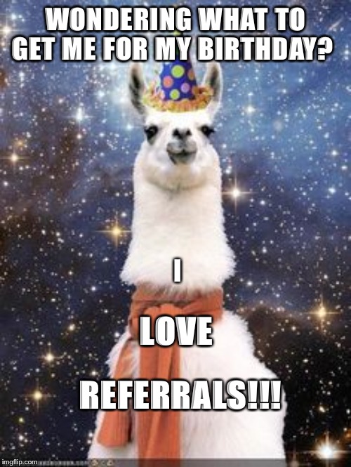 Happy Birthday Alpaca | WONDERING WHAT TO GET ME FOR MY BIRTHDAY? I; LOVE; REFERRALS!!! | image tagged in happy birthday alpaca | made w/ Imgflip meme maker