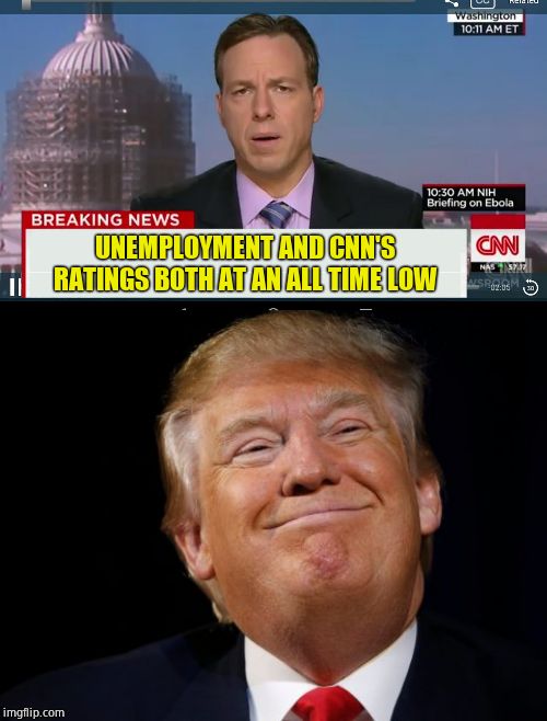 CNN SUCKS! |  UNEMPLOYMENT AND CNN'S RATINGS BOTH AT AN ALL TIME LOW | image tagged in cnn breaking news template,smug trump,scumbag media,winning | made w/ Imgflip meme maker