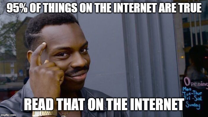 Roll Safe Think About It | 95% OF THINGS ON THE INTERNET ARE TRUE; READ THAT ON THE INTERNET | image tagged in memes,roll safe think about it | made w/ Imgflip meme maker