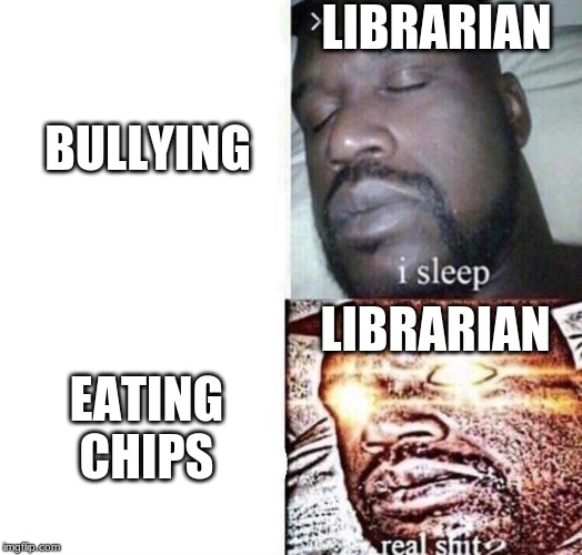 i sleep real shit | BULLYING; LIBRARIAN; LIBRARIAN; EATING CHIPS | image tagged in i sleep real shit | made w/ Imgflip meme maker