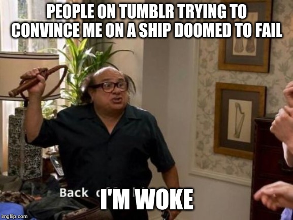 Danny devito back off | PEOPLE ON TUMBLR TRYING TO CONVINCE ME ON A SHIP DOOMED TO FAIL; I'M WOKE | image tagged in danny devito back off | made w/ Imgflip meme maker