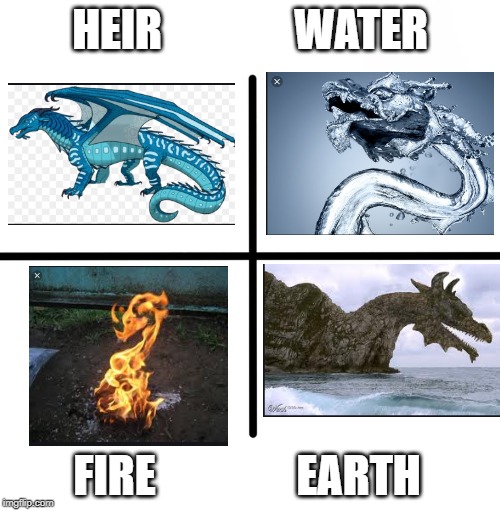 Blank Starter Pack Meme | HEIR               WATER; FIRE                EARTH | image tagged in memes,blank starter pack | made w/ Imgflip meme maker
