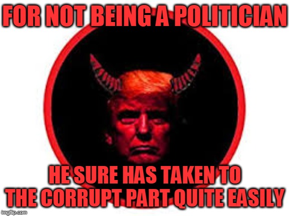 FOR NOT BEING A POLITICIAN | FOR NOT BEING A POLITICIAN; HE SURE HAS TAKEN TO THE CORRUPT PART QUITE EASILY | image tagged in trump,corrupt,devil,liar,evil,swamp | made w/ Imgflip meme maker