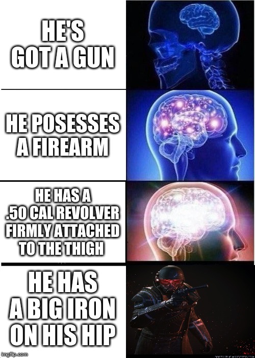 Expanding Brain Meme | HE'S GOT A GUN; HE POSESSES A FIREARM; HE HAS A .50 CAL REVOLVER FIRMLY ATTACHED TO THE THIGH; HE HAS A BIG IRON ON HIS HIP | image tagged in memes,expanding brain | made w/ Imgflip meme maker