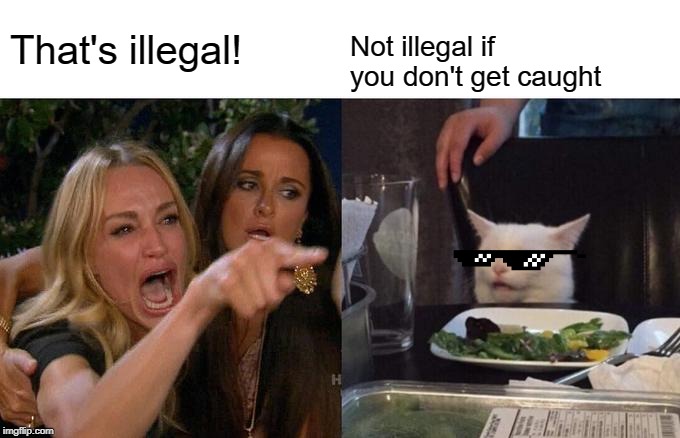 Woman Yelling At Cat Meme | That's illegal! Not illegal if you don't get caught | image tagged in memes,woman yelling at cat | made w/ Imgflip meme maker