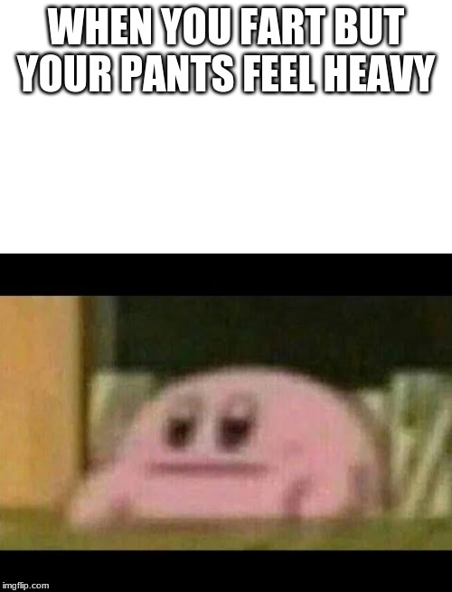 WHEN YOU FART BUT YOUR PANTS FEEL HEAVY | image tagged in kirby derp-face | made w/ Imgflip meme maker