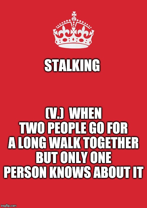 Keep Calm And Carry On Red Meme | (V.)  WHEN TWO PEOPLE GO FOR A LONG WALK TOGETHER BUT ONLY ONE PERSON KNOWS ABOUT IT; STALKING | image tagged in memes,keep calm and carry on red | made w/ Imgflip meme maker