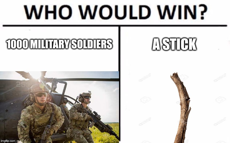 Who will win | 1000 MILITARY SOLDIERS; A STICK | image tagged in stick | made w/ Imgflip meme maker