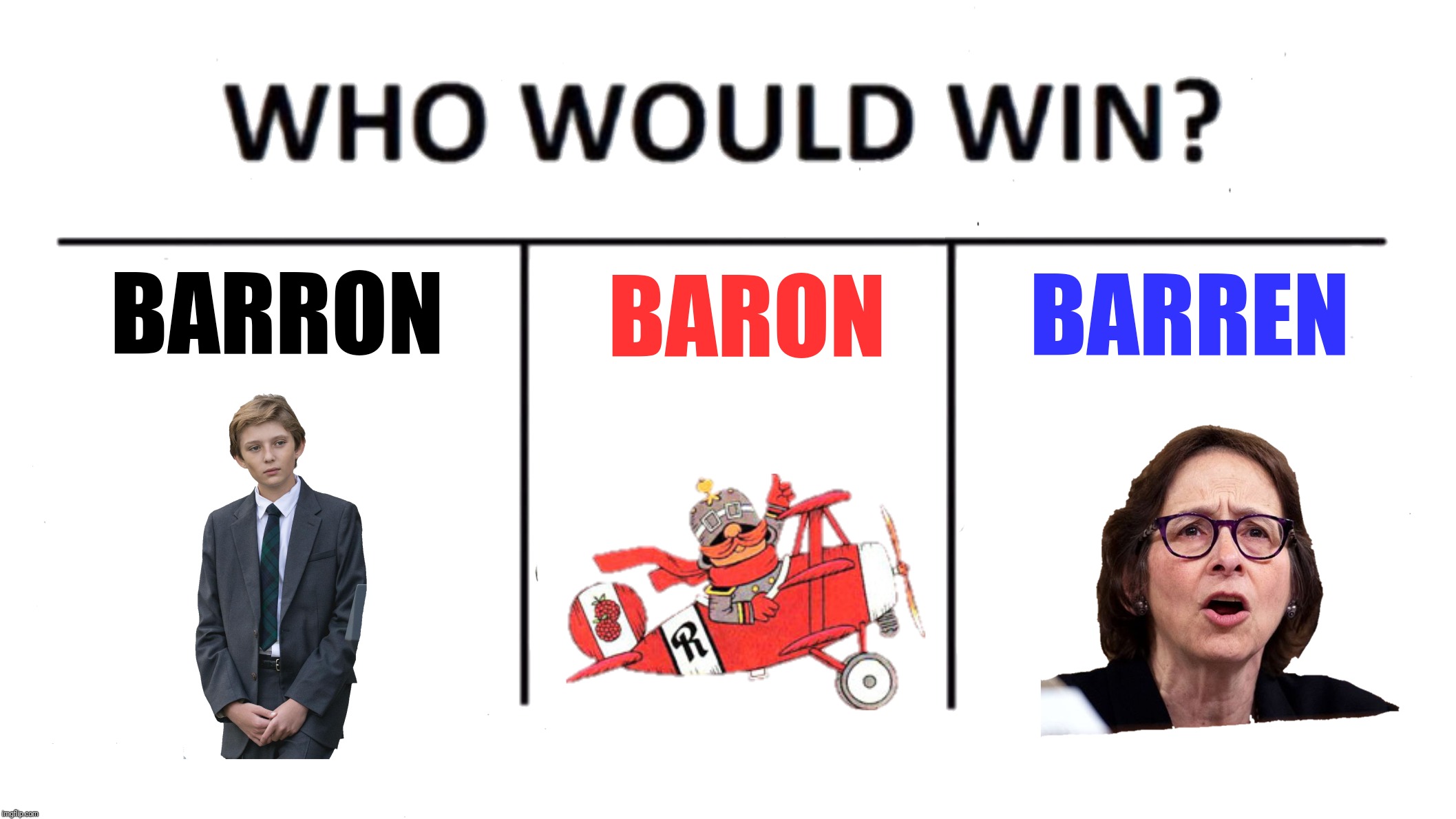 BARRON; BARREN; BARON | image tagged in barron trump,baron von redberry,pamela karlan | made w/ Imgflip meme maker