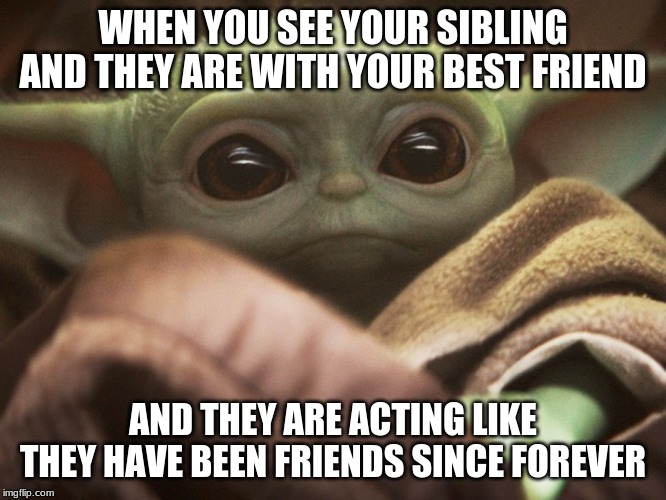 friends and siblings of baby yoda | WHEN YOU SEE YOUR SIBLING AND THEY ARE WITH YOUR BEST FRIEND; AND THEY ARE ACTING LIKE THEY HAVE BEEN FRIENDS SINCE FOREVER | image tagged in baby yoda | made w/ Imgflip meme maker