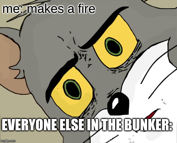 Unsettled Tom Meme | me: makes a fire; EVERYONE ELSE IN THE BUNKER: | image tagged in memes,unsettled tom | made w/ Imgflip meme maker