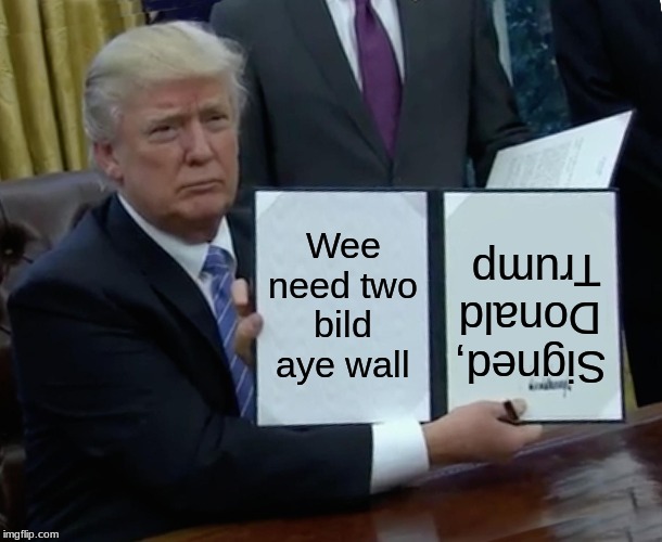 Trump Bill Signing | Wee need two bild aye wall; Signed, Donald Trump | image tagged in memes,trump bill signing | made w/ Imgflip meme maker